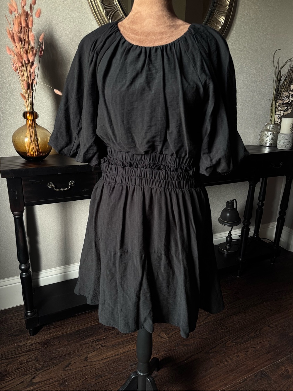 Moon River Puff Sleeve Back Cutout Dress
